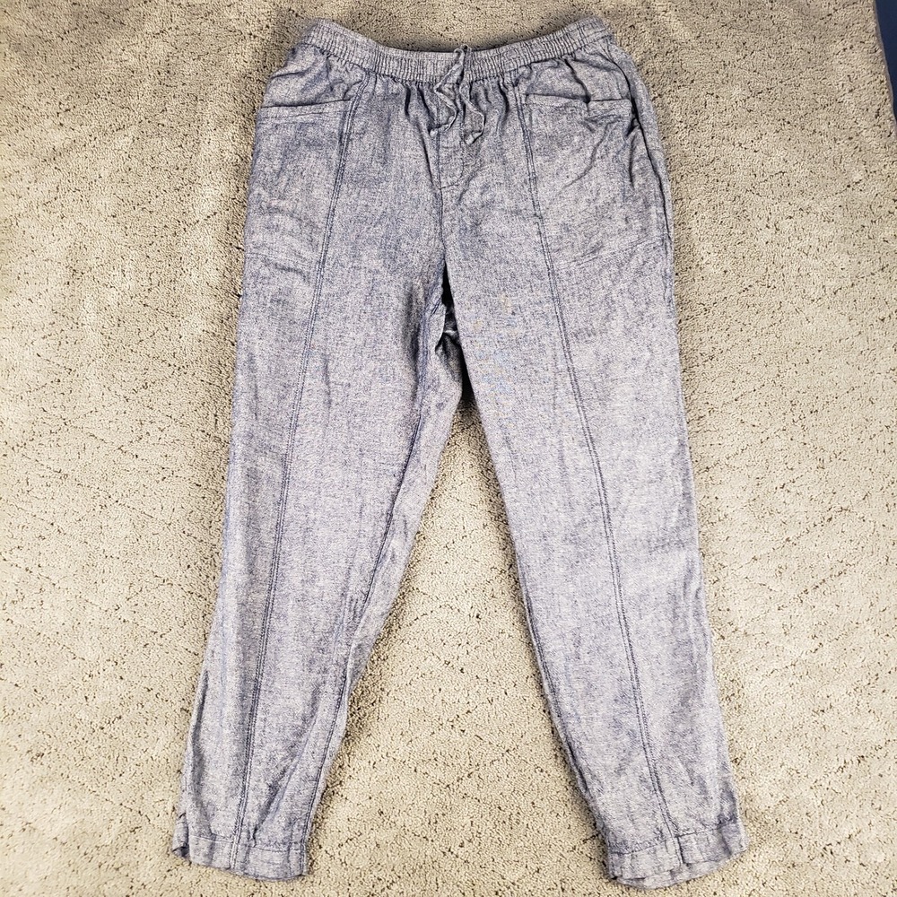 Old Navy Pants Womens L Chambray Blue Crop Linen Blend Pull On Drawstring Taper